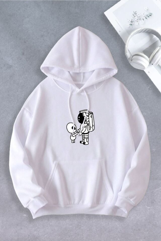 Unisex Kadın Erkek Uzaylı Astronot Baskılı Oversize Sweatshirt