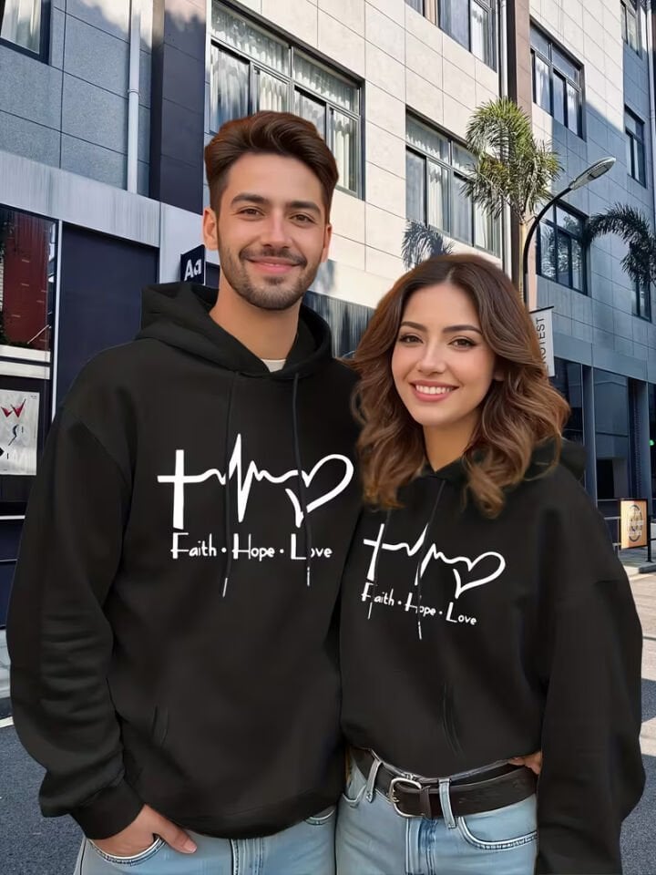 Faith Hope Love Baskılı Hoodie – Unisex Kapüşonlu Sweatshirt Çift Kombin