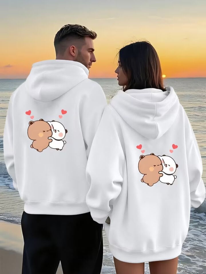Romantik Çift Sweatshirt Sevimli Ayıcık Desenli Oversize Kapüşonlu Hoodie 2'li Set