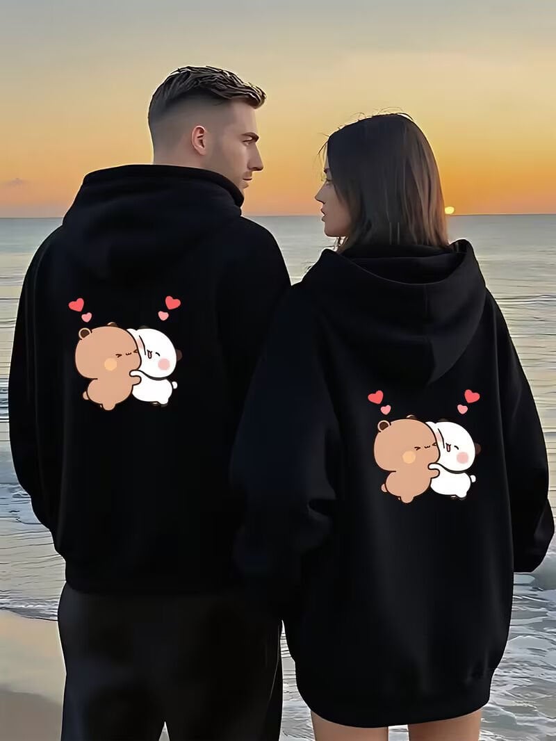 Romantik Çift Sweatshirt Sevimli Ayıcık Desenli Oversize Kapüşonlu Hoodie 2'li Set