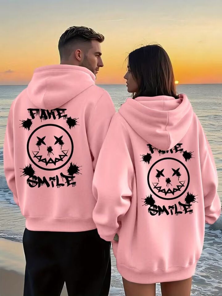 Sevgili Çift Kombin Fake Baskılı Kapüşonlu Sweatshirt 2’li Set | Unisex Oversize Hoodie 3 İplik