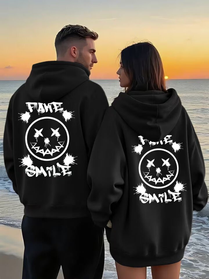 Sevgili Çift Kombin Fake Baskılı Kapüşonlu Sweatshirt 2’li Set | Unisex Oversize Hoodie 3 İplik