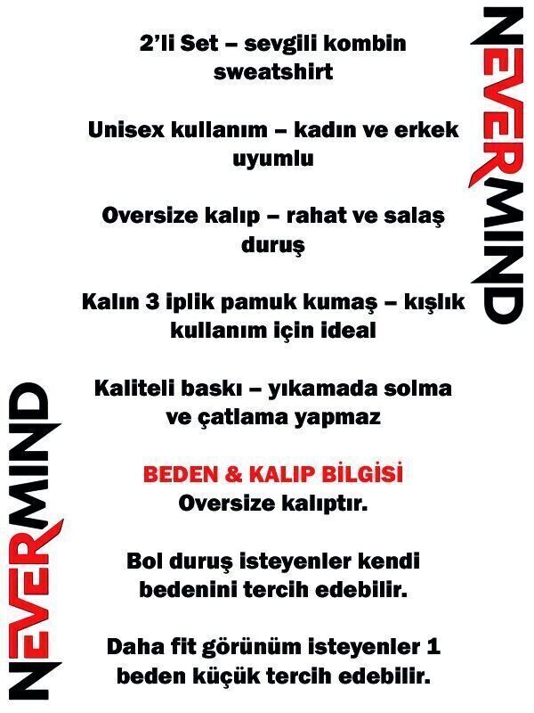 Sevgili Çift Kombin Fake Baskılı Kapüşonlu Sweatshirt 2’li Set | Unisex Oversize Hoodie 3 İplik