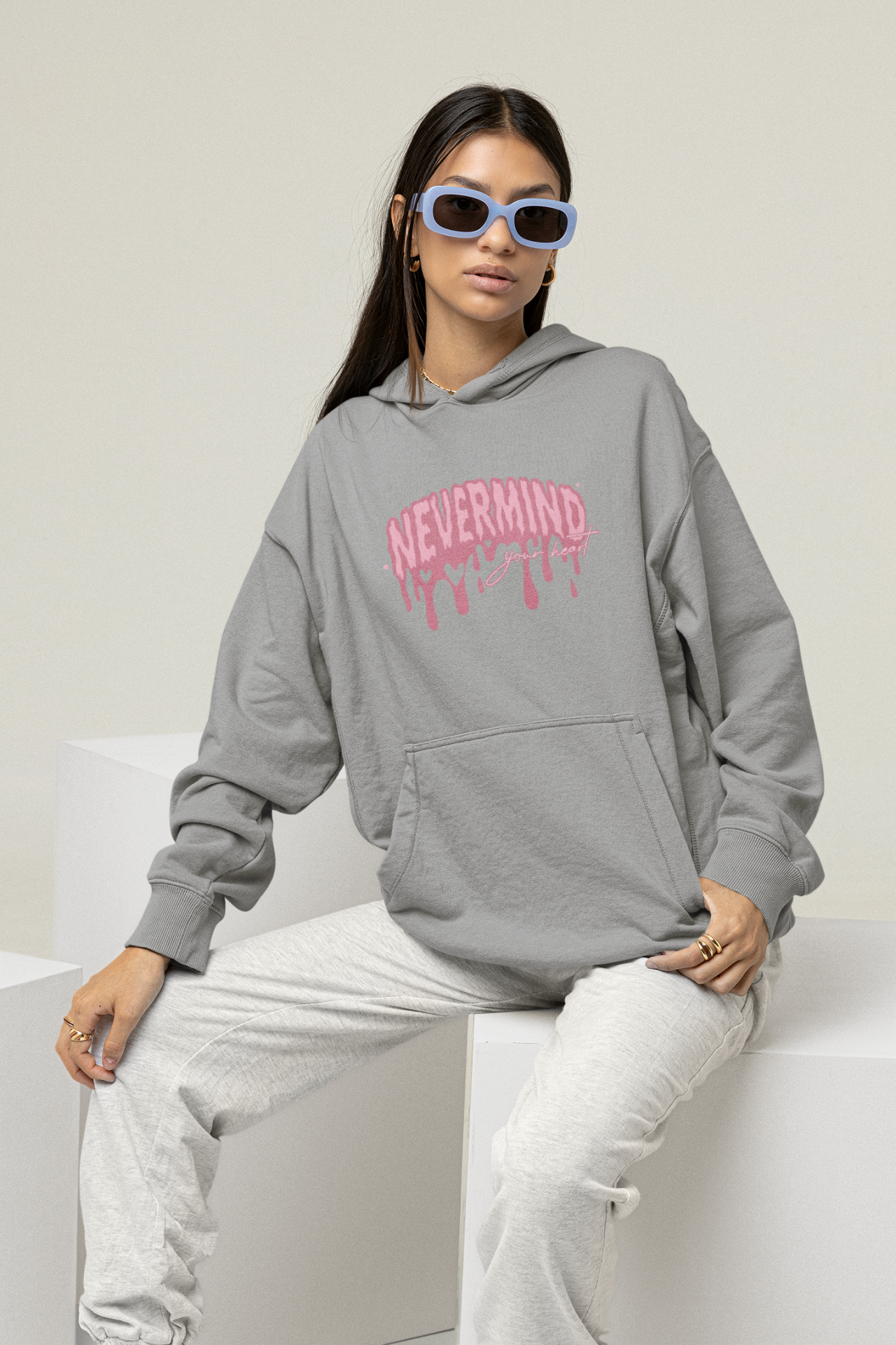 Unisex Oversize Hoodie Sweatshirt – Pembe Baskılı Kapüşonlu