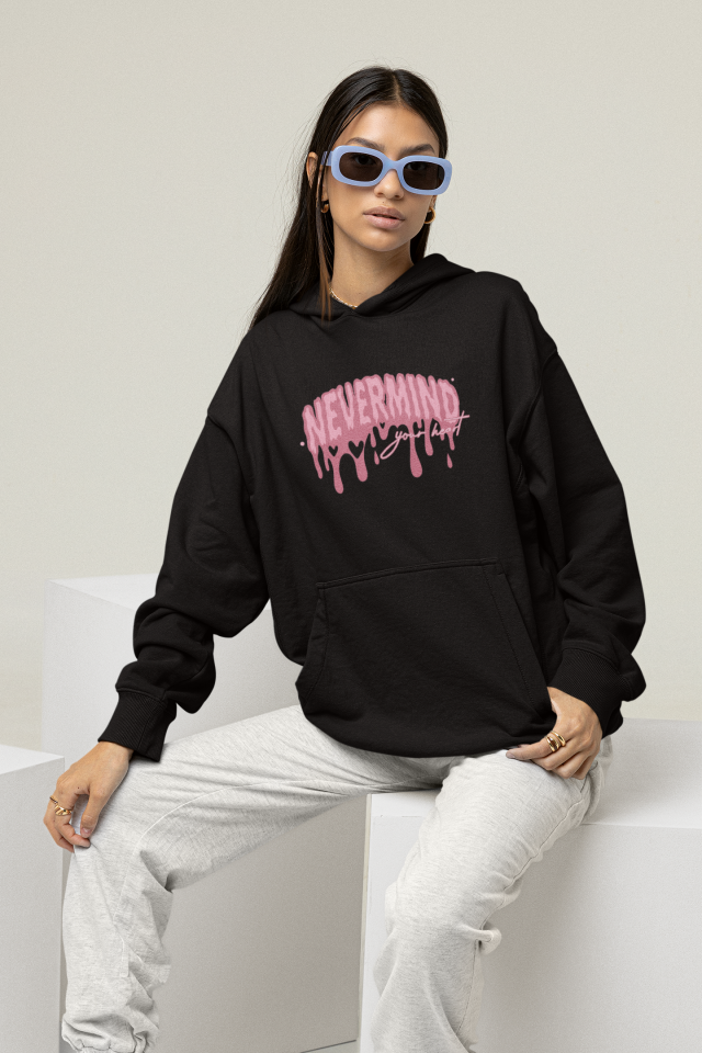 Unisex Oversize Hoodie Sweatshirt – Pembe Baskılı Kapüşonlu