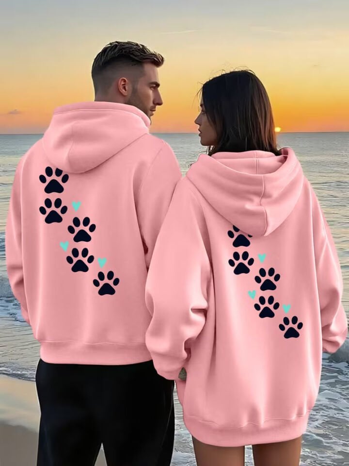 Sevgili Çift Kombin Pati Baskılı Kapüşonlu Sweatshirt 2’li Set | Unisex Oversize Hoodie 3 İplik