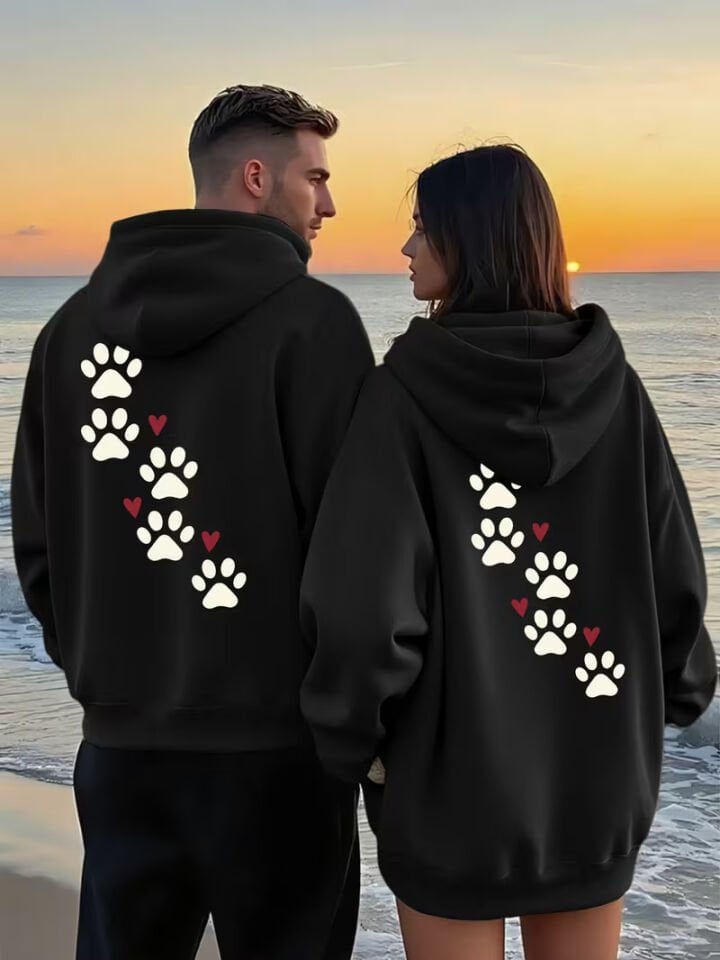 Sevgili Çift Kombin Pati Baskılı Kapüşonlu Sweatshirt 2’li Set | Unisex Oversize Hoodie 3 İplik