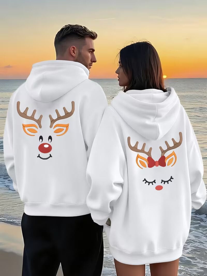 Sevgili Çift Kombin Hoodie – Geyik Baskılı Çift Kapüşonlu Sweatshirt Unisex Oversize 2'li Set