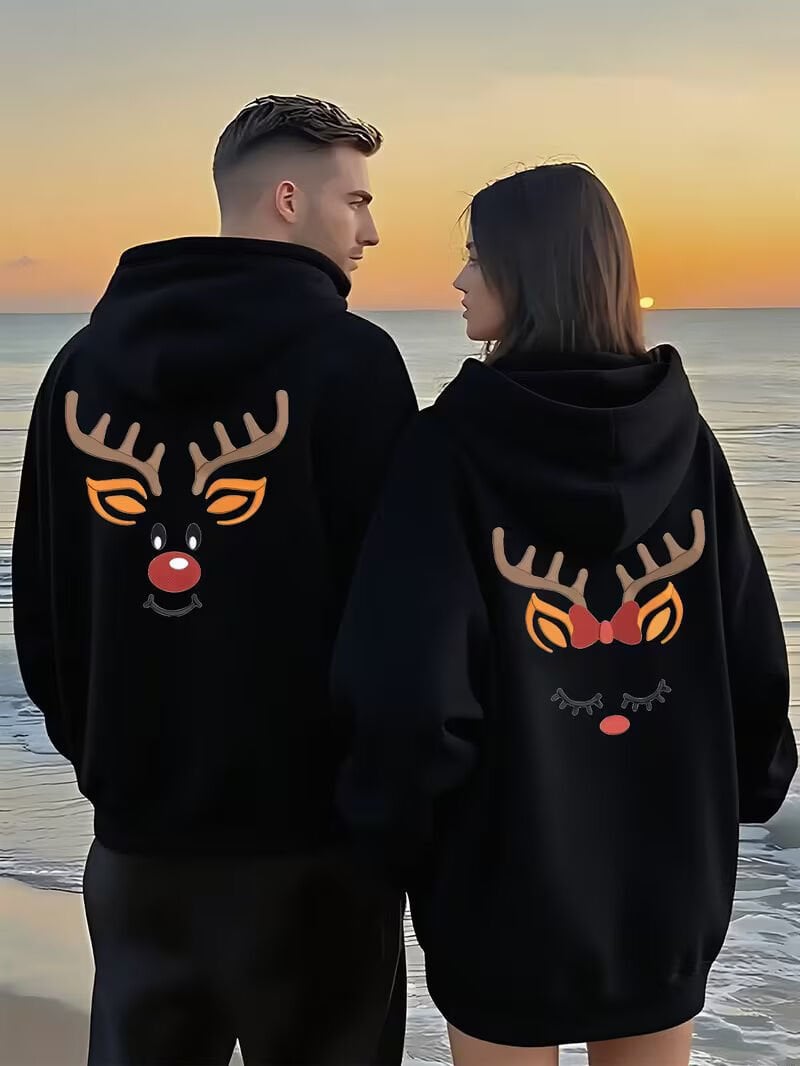 Sevgili Çift Kombin Hoodie – Geyik Baskılı Çift Kapüşonlu Sweatshirt Unisex Oversize 2'li Set