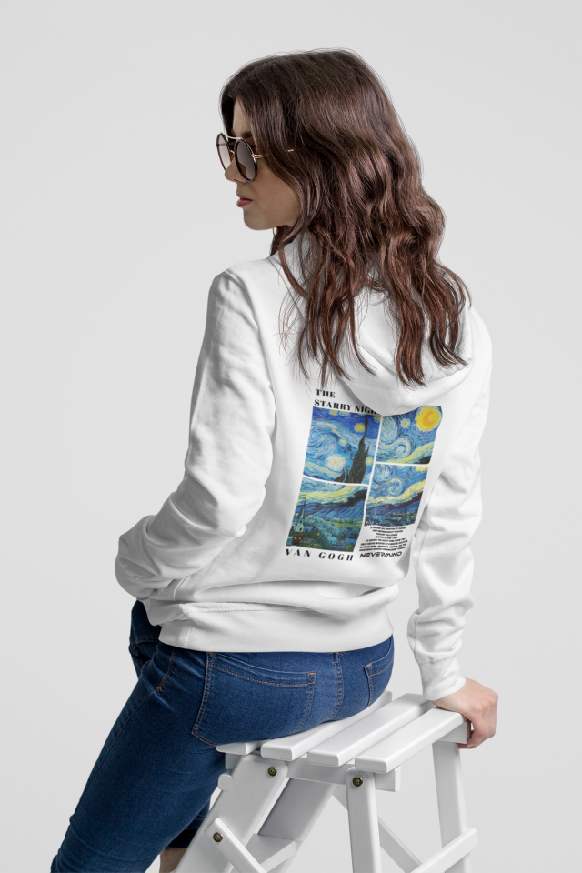 Unisex Oversize Hoodie – Van Gogh Starry Night Baskılı Kapüşonlu Sweatshirt, Rahat Kalıp