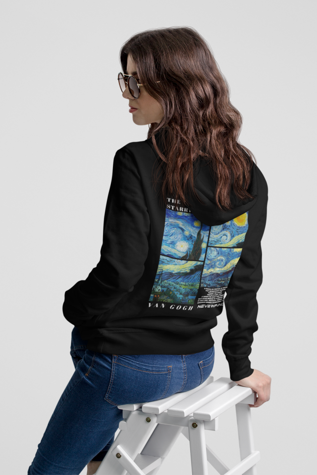 Unisex Oversize Hoodie – Van Gogh Starry Night Baskılı Kapüşonlu Sweatshirt, Rahat Kalıp