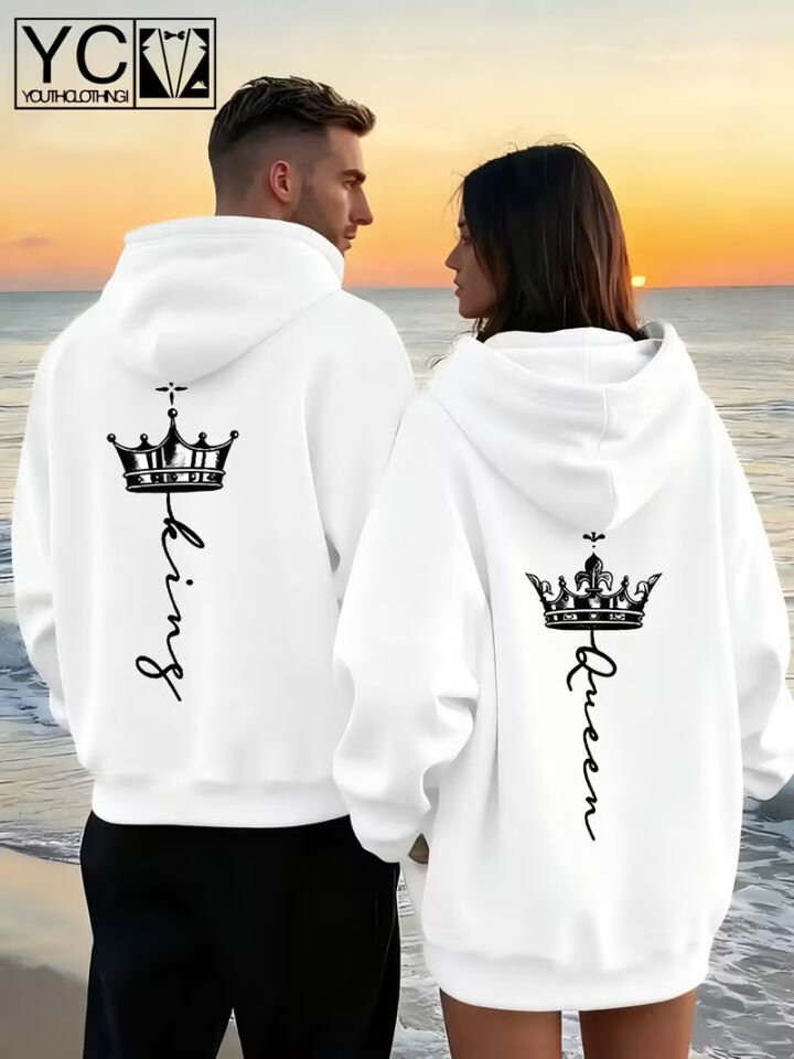 Sevgili Çift Kombin King Queen Baskılı Kapüşonlu Sweatshirt 2’li Set | Unisex Oversize Hoodie 3 İplik