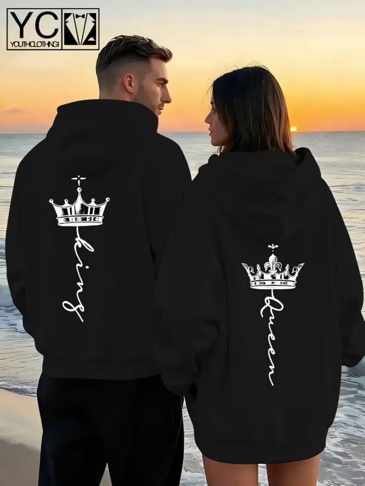 Sevgili Çift Kombin King Queen Baskılı Kapüşonlu Sweatshirt 2’li Set | Unisex Oversize Hoodie 3 İplik