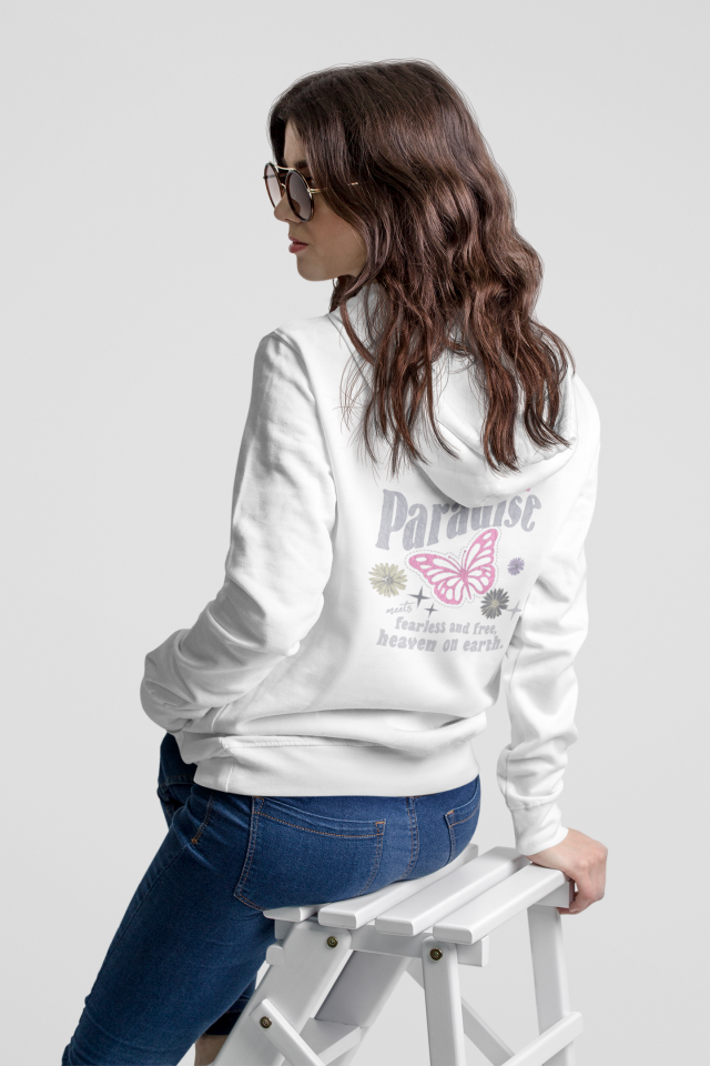 Kadın Kapüşonlu Sweatshirt Paradise Yazı ve Kelebek Desenli Oversize Hoodie