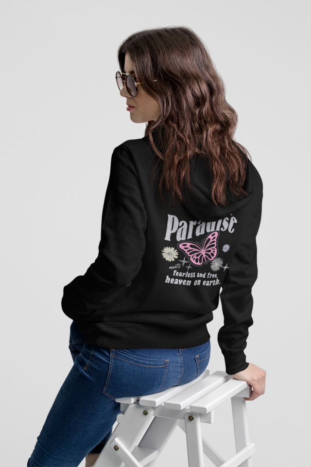 Kadın Kapüşonlu Sweatshirt Paradise Yazı ve Kelebek Desenli Oversize Hoodie