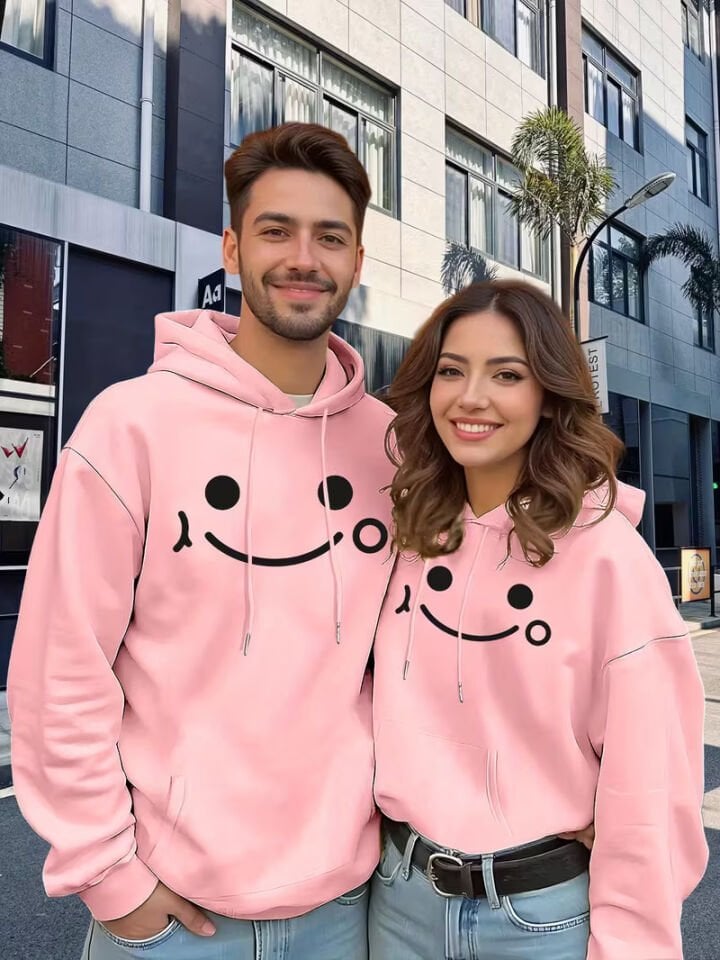 Sevgili Çift Kombin Gülümseme Baskılı Kapüşonlu Sweatshirt 2’li Set | Unisex Oversize Hoodie 3 İplik