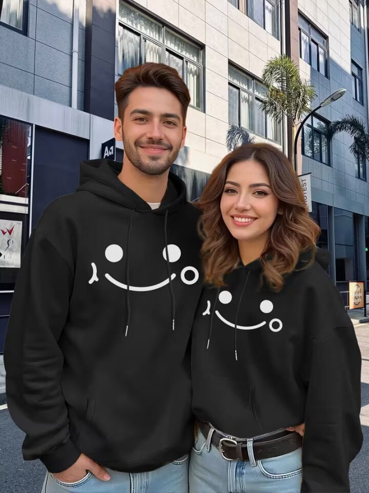 Sevgili Çift Kombin Gülümseme Baskılı Kapüşonlu Sweatshirt 2’li Set | Unisex Oversize Hoodie 3 İplik
