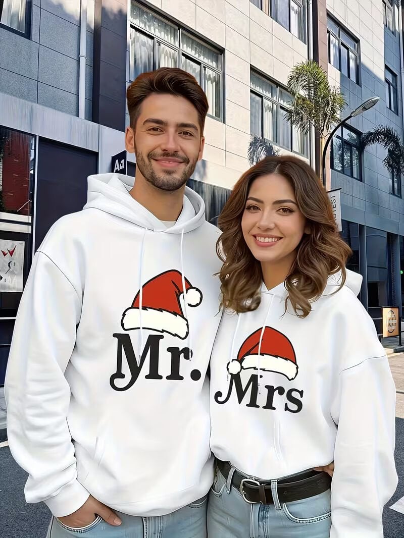 Mr Mrs Çift Hoodie – Noel Şapkalı Sevgili Kombin Kapüşonlu Sweatshirt