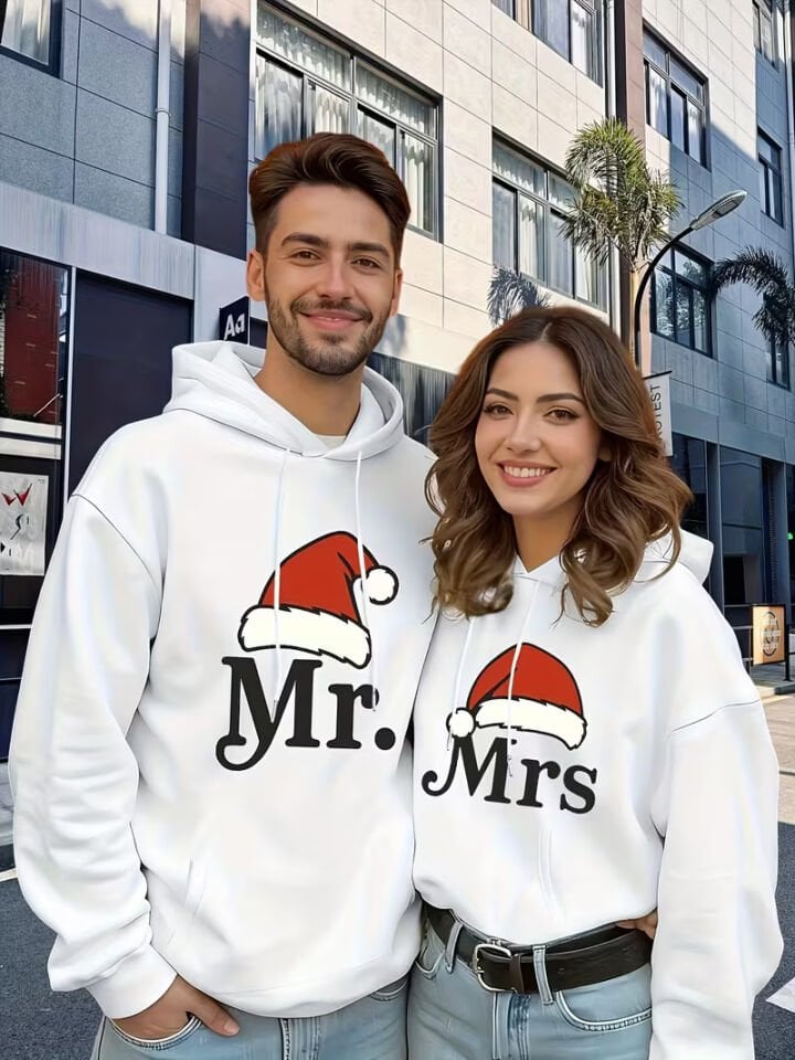 Mr Mrs Çift Hoodie – Noel Şapkalı Sevgili Kombin Kapüşonlu Sweatshirt