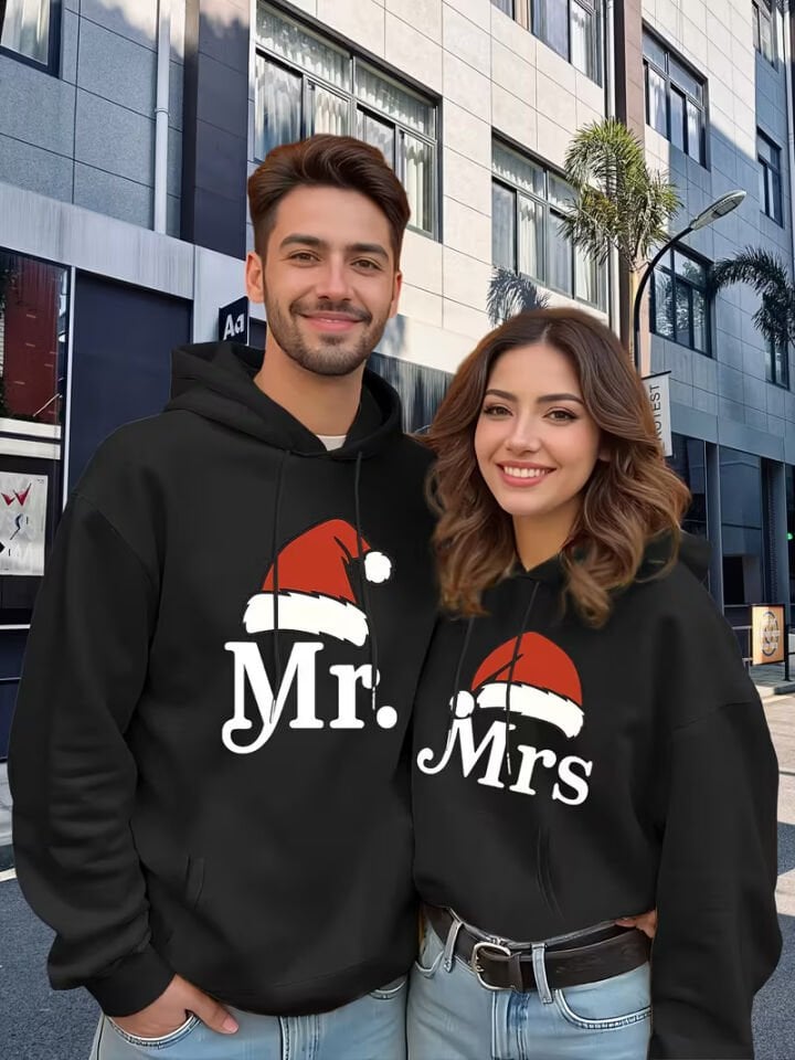 Mr Mrs Çift Hoodie – Noel Şapkalı Sevgili Kombin Kapüşonlu Sweatshirt