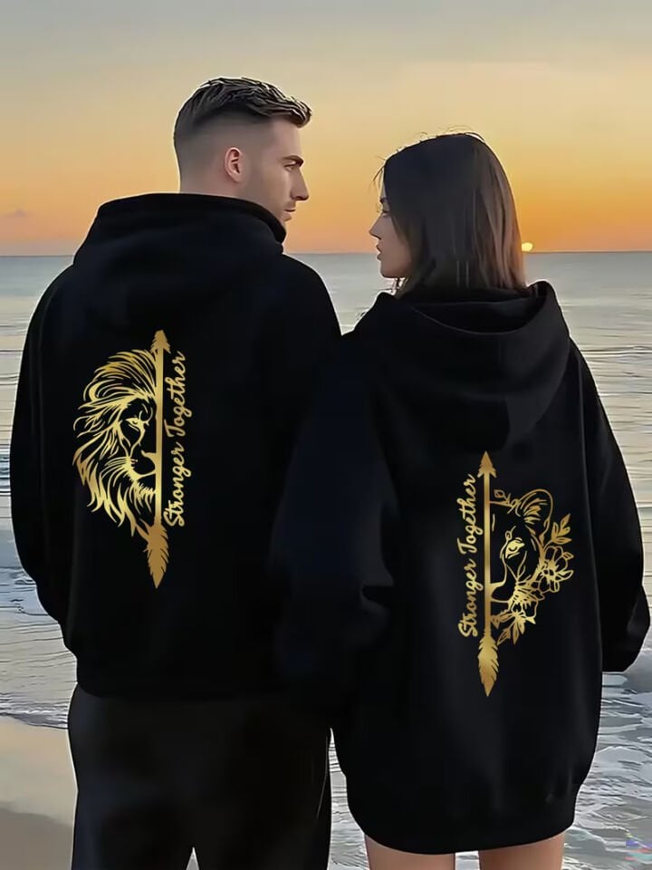 Sevgili Çift Kombin Stronger Together Baskılı Kapüşonlu Sweatshirt 2’li Set | Unisex Oversize Hoodie