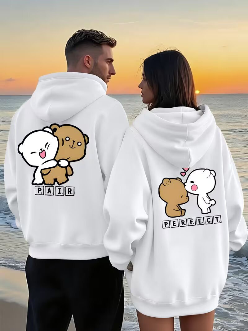 Sevgili Kombin Hoodie Çift Sweatshirt – Çiftlere Özel Ayıcık Baskılı Pair Perfect Kapüşonlu Oversize