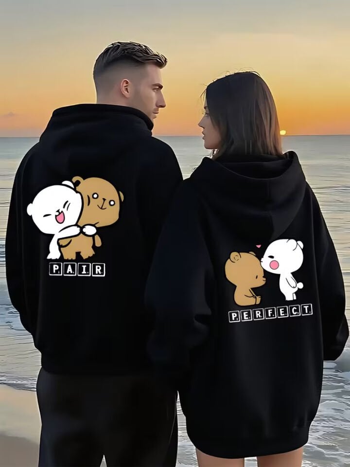 Sevgili Kombin Hoodie Çift Sweatshirt – Çiftlere Özel Ayıcık Baskılı Pair Perfect Kapüşonlu Oversize