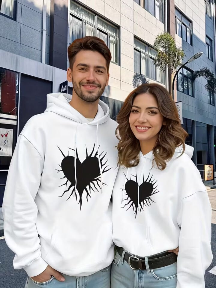 Sevgili Çift Kombin Şimşekli Kalp Baskılı Kapüşonlu Sweatshirt 2’li Set | Unisex Oversize Hoodie