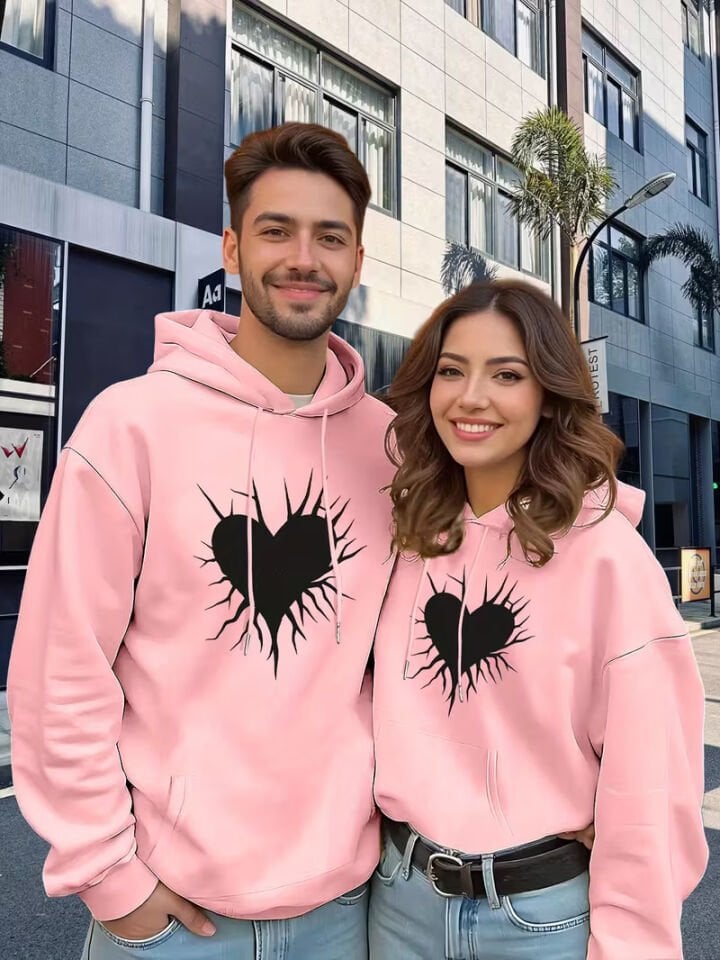 Sevgili Çift Kombin Şimşekli Kalp Baskılı Kapüşonlu Sweatshirt 2’li Set | Unisex Oversize Hoodie