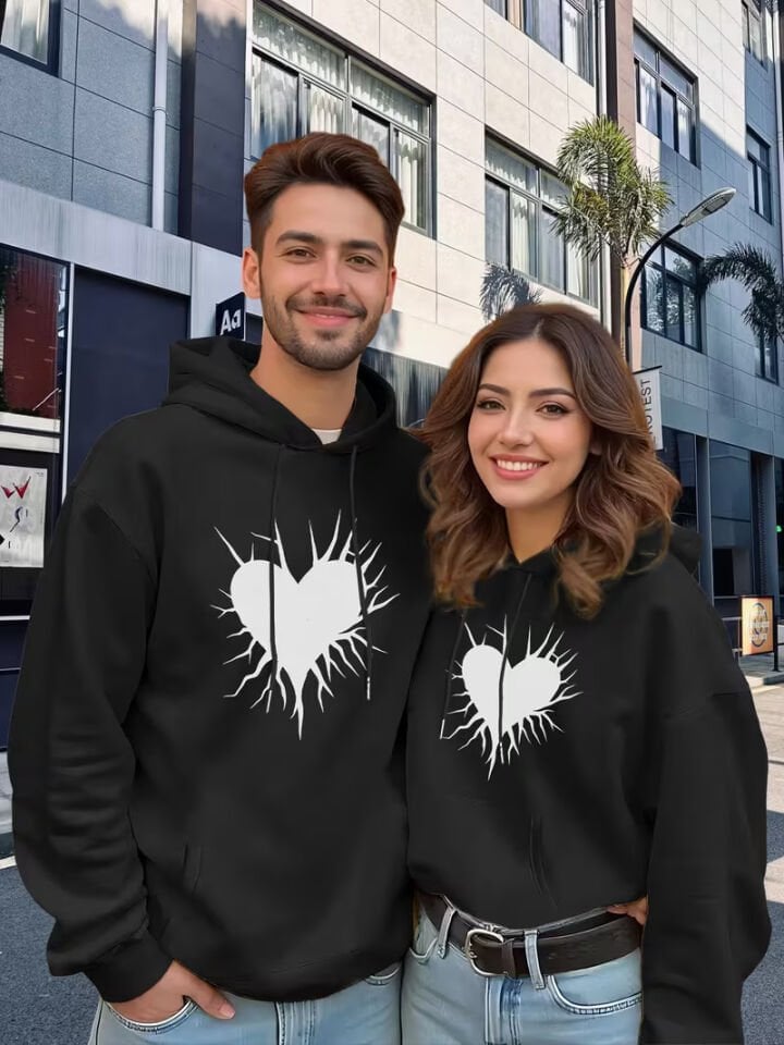 Sevgili Çift Kombin Şimşekli Kalp Baskılı Kapüşonlu Sweatshirt 2’li Set | Unisex Oversize Hoodie
