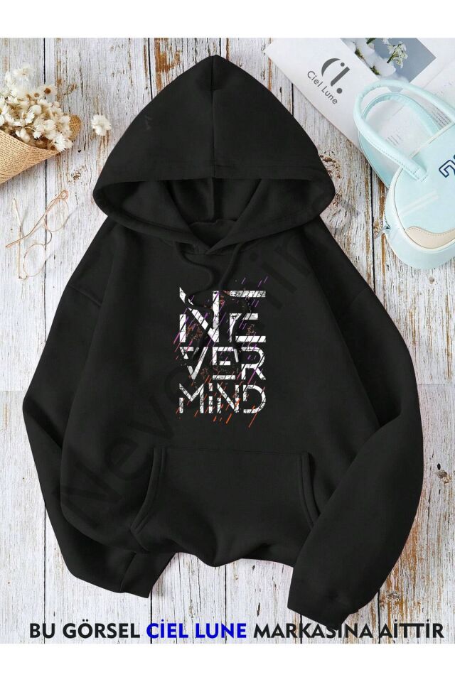 Unisex Nevermind Printed Oversize Printed Hooded Sweatshirt 3 Yarn