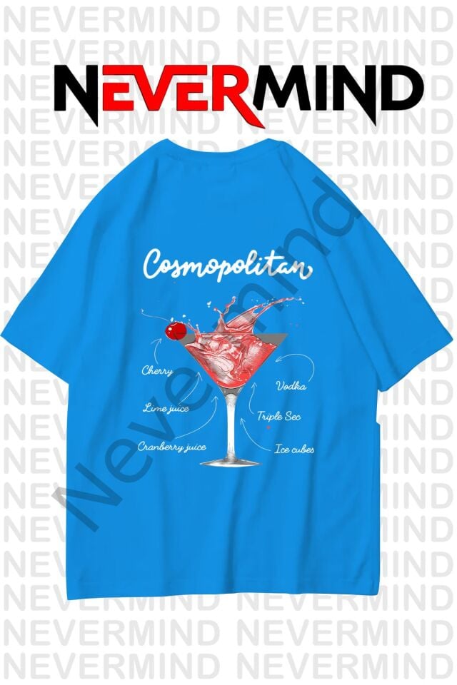 Kadın Oversize Pamuk Tişört - Cosmopolitan Kokteyl Desenli
