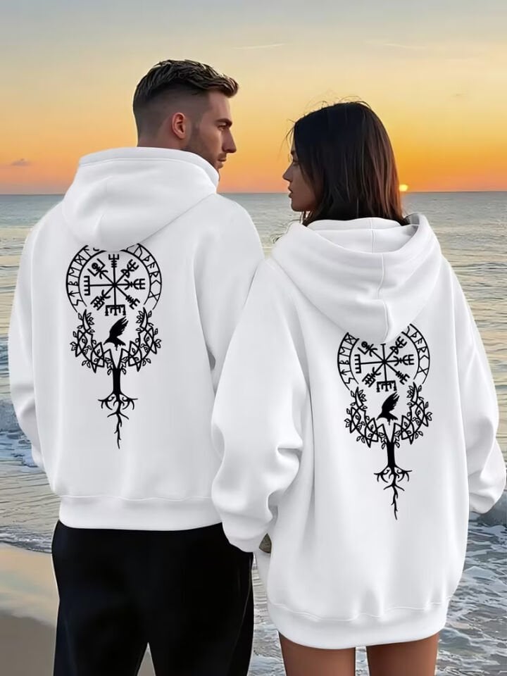 Sevgili Çift Kombin Valhalla Baskılı Kapüşonlu Sweatshirt 2’li Set | Unisex Oversize Hoodie 3 İplik