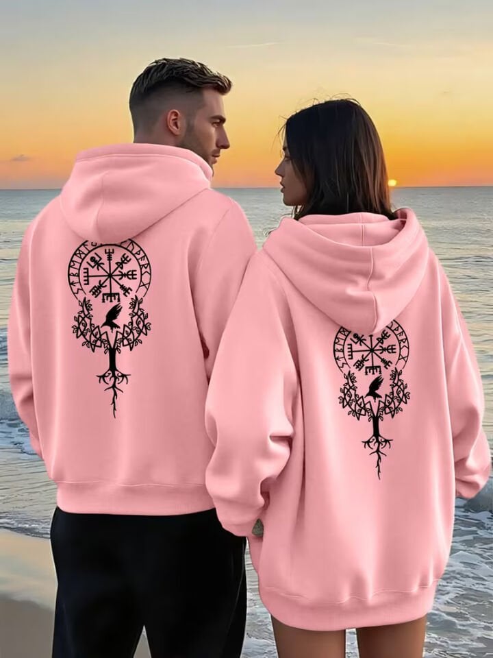 Sevgili Çift Kombin Valhalla Baskılı Kapüşonlu Sweatshirt 2’li Set | Unisex Oversize Hoodie 3 İplik