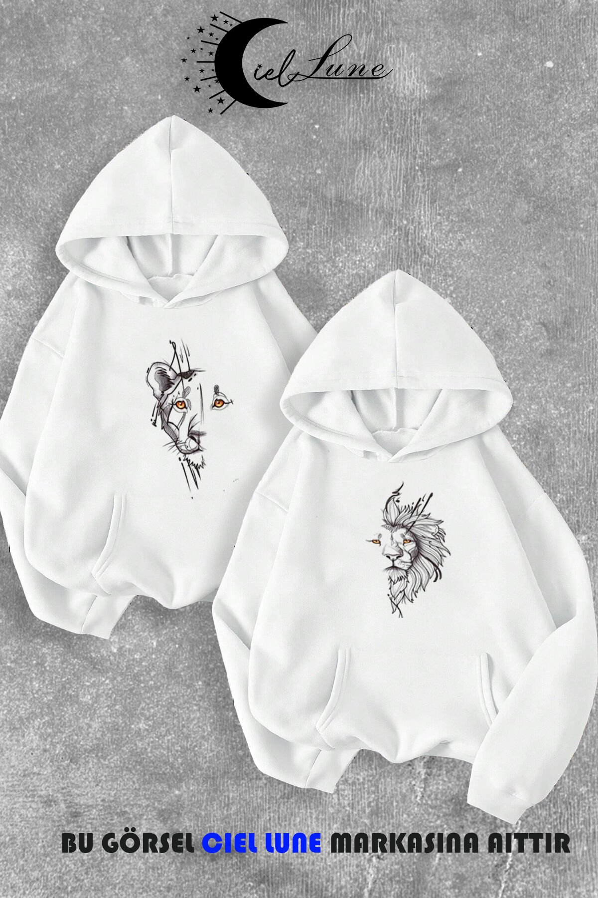 Sevgili Çift Kombin Kaplan ve Aslan Ön Baskılı Kapüşonlu Sweatshirt 2li Set Takım 3 İplik