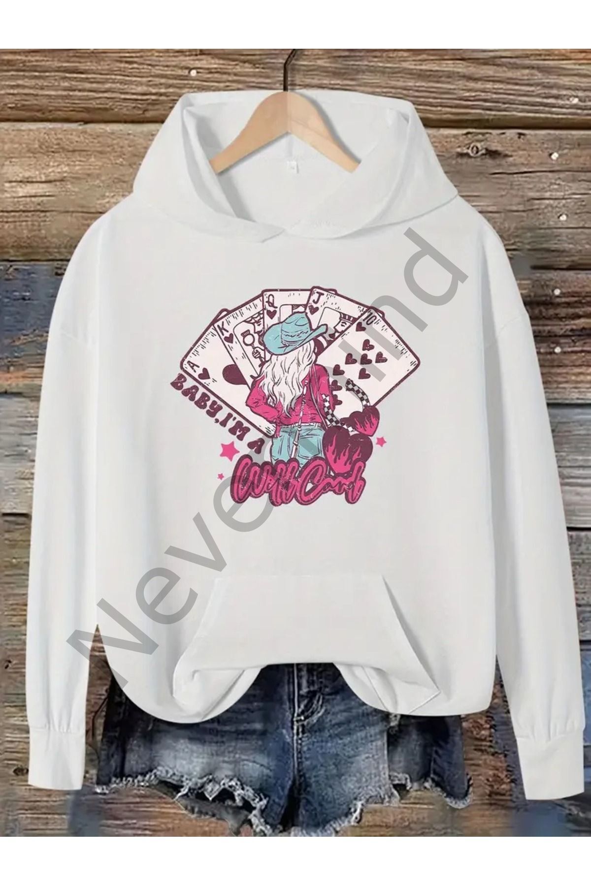 Unisex Card Pattern Printed Oversize Printed Hooded Sweatshirt 3 Yarn