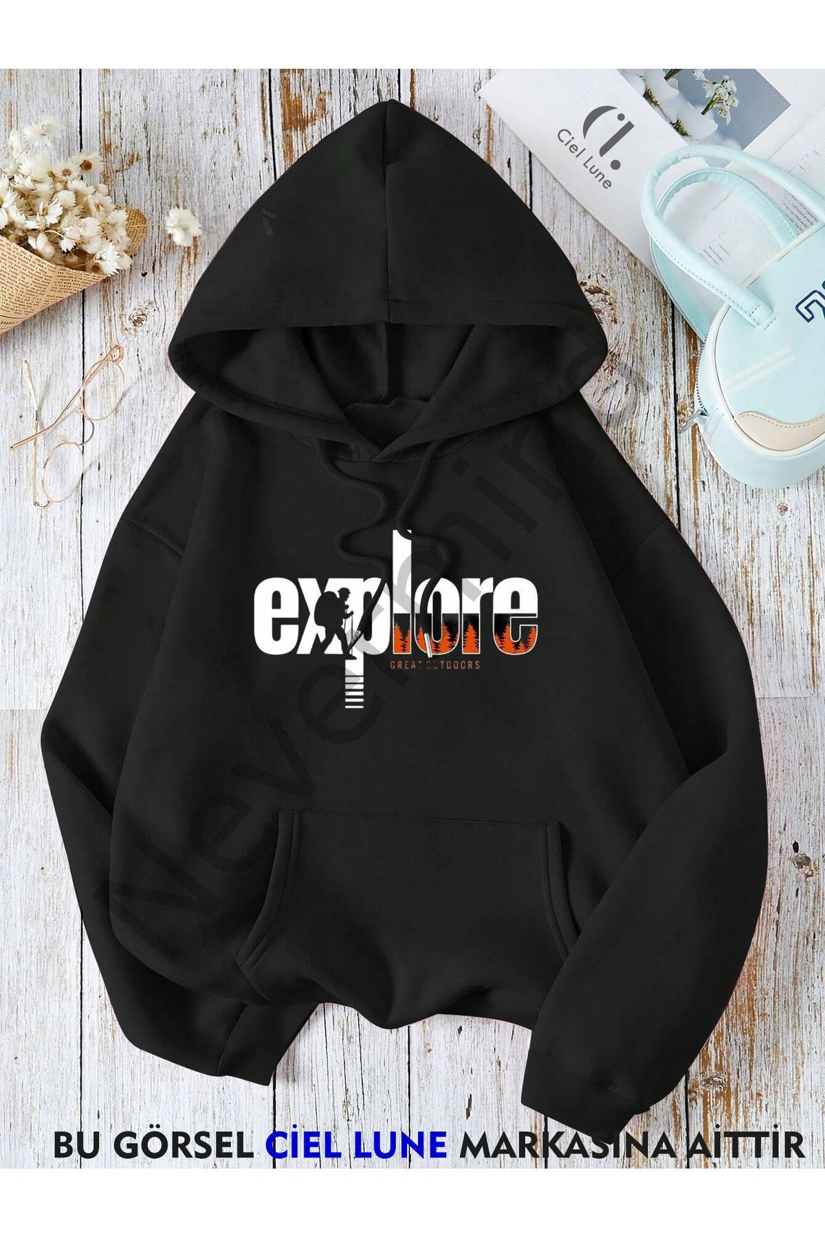 Unisex Explore Baskılı Oversize Baskılı Kapşonlu Sweatshirt 3 Iplik
