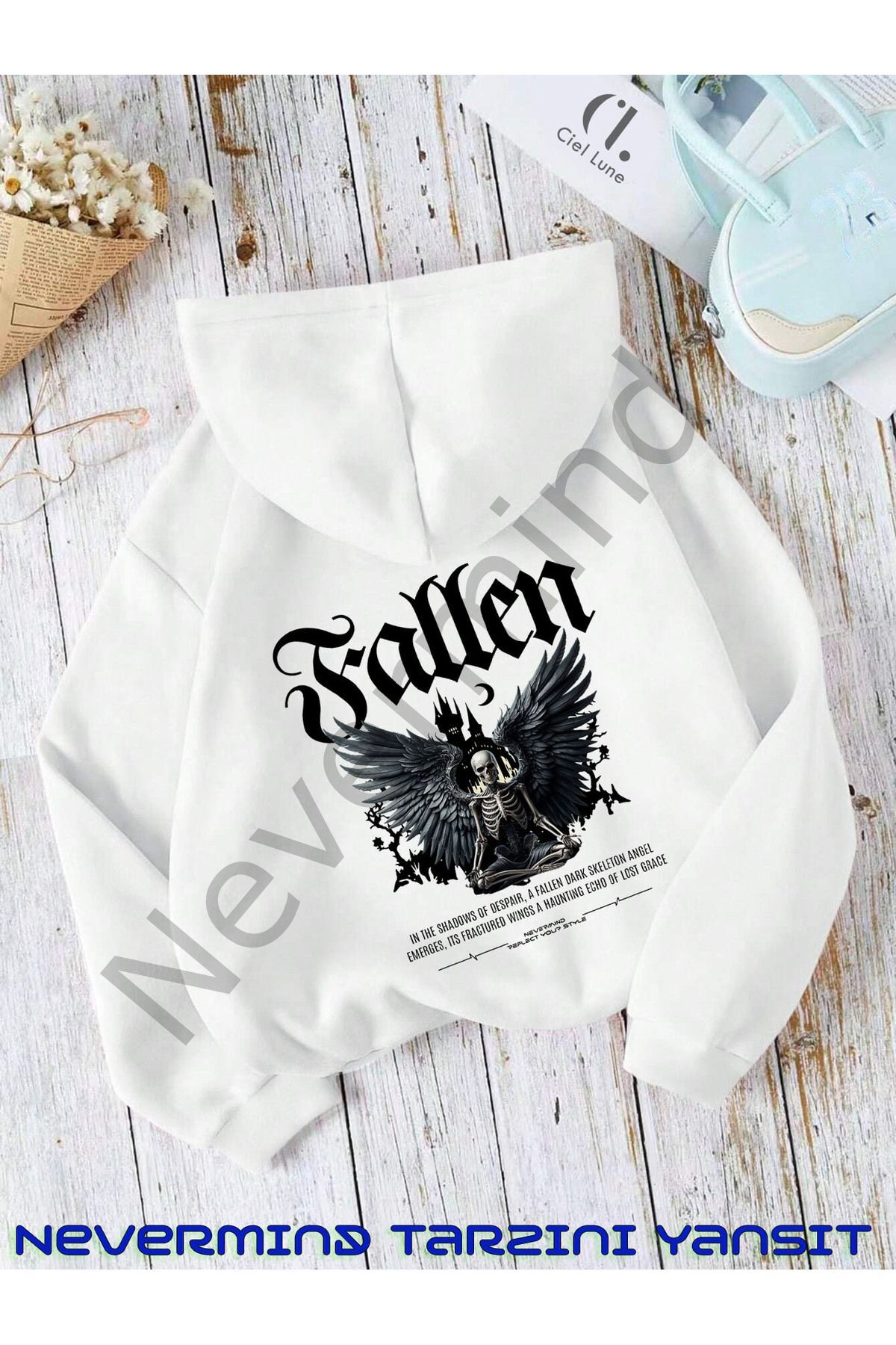 Unisex Fallen Gotik Baskılı Oversize Baskılı Kapşonlu Sweatshirt 3 Iplik