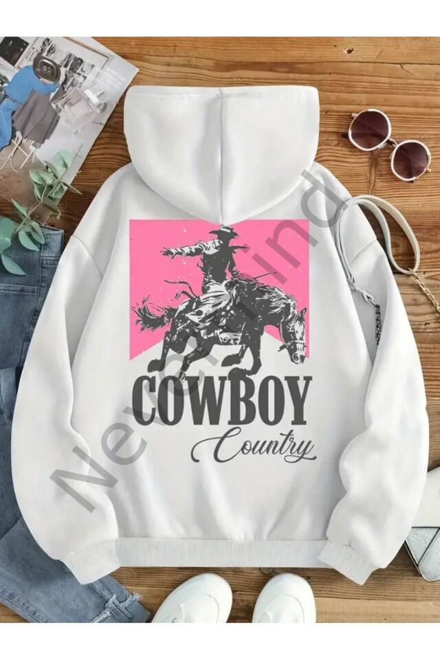 Unisex Kovboy Country Baskılı Oversize Baskılı Kapşonlu Sweatshirt 3 Iplik