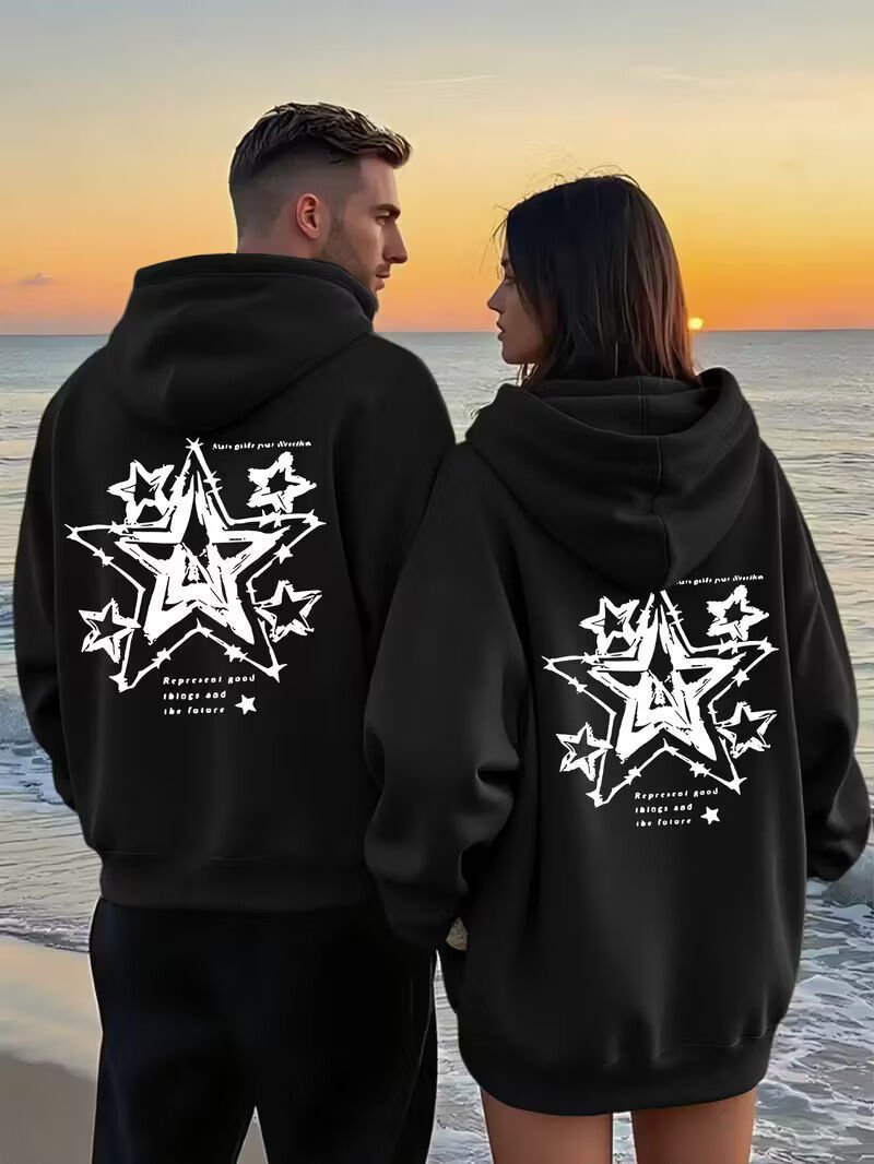 Yıldız Desenli Baskılı Hoodie – Trend Sevgili Kombini Oversize 3 İplik Sweatshirt 2'li Set