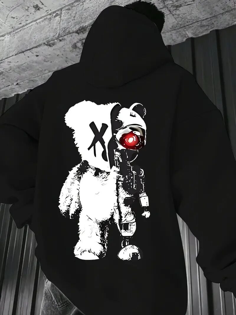 Unisex Oversize Panda ve Robot Baskılı Siyah Hoodie – Kırmızı Göz Detaylı Streetwear Sweatshirt