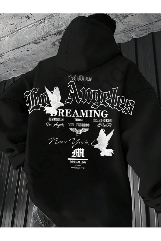 Unisex Los Angeles Printed Oversize Printed Hooded Sweatshirt 3 Yarn