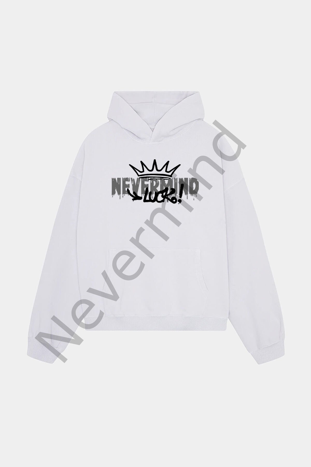 Unisex Beyaz Kapüşonlu Sweatshirt - Luck Baskılı Oversize Hoodie