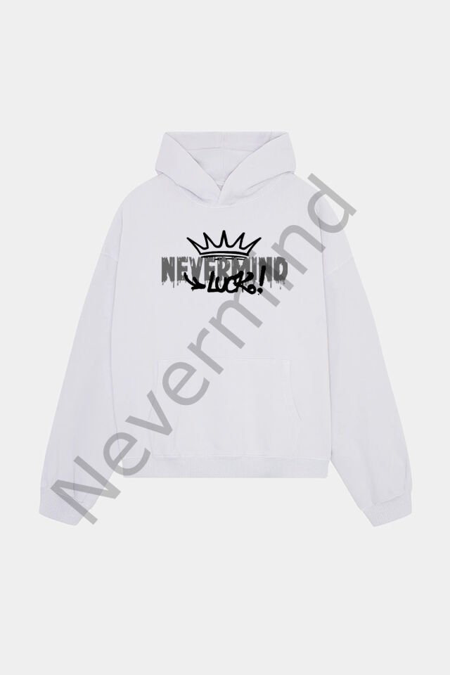 Unisex Beyaz Kapüşonlu Sweatshirt - Luck Baskılı Oversize Hoodie