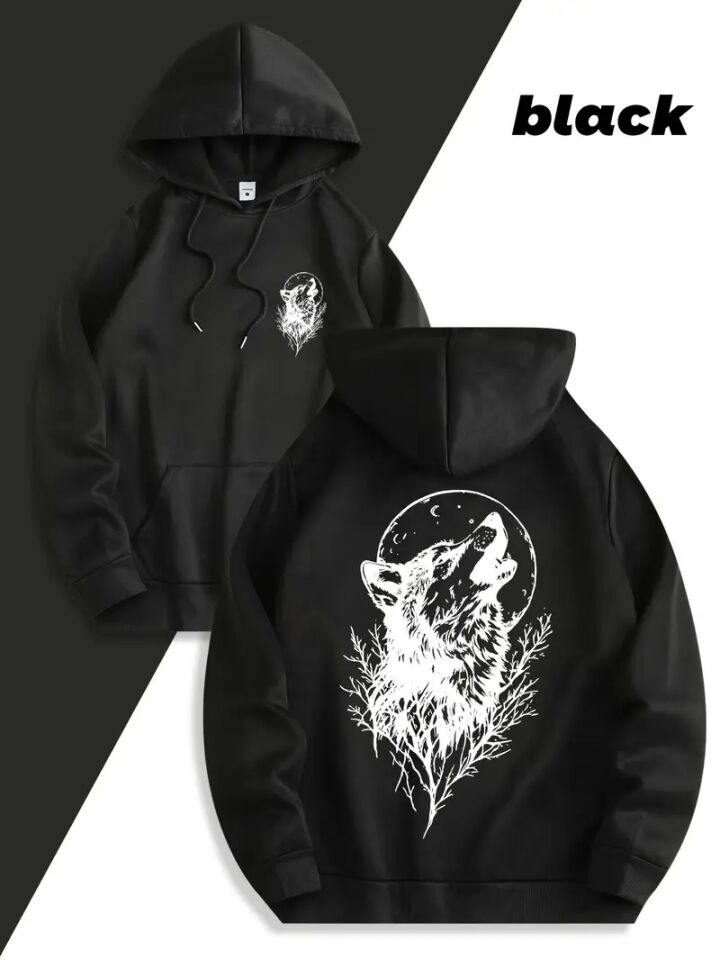 Unisex Oversize Kurt Baskılı Siyah Hoodie – Doğa ve Gece Temalı Streetwear Sweatshirt