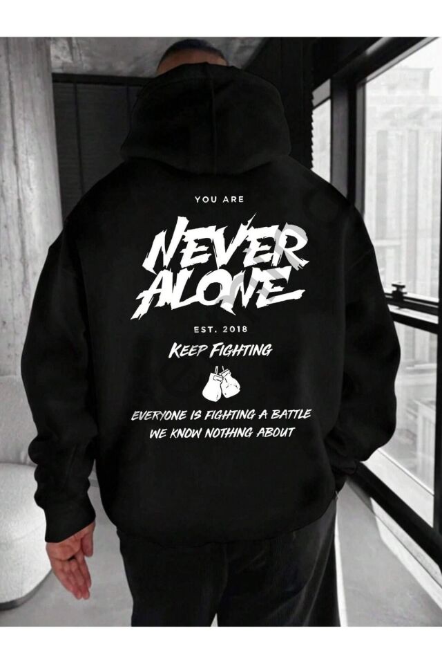 Unisex Never Alone Printed Oversize Hooded Sweatshirt 3 Yarn
