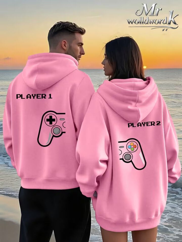 Sevgili Çift Kombin Player 1 Player 2 Baskılı Kapüşonlu Sweatshirt 2’li Set | Unisex Oversize Hoodie