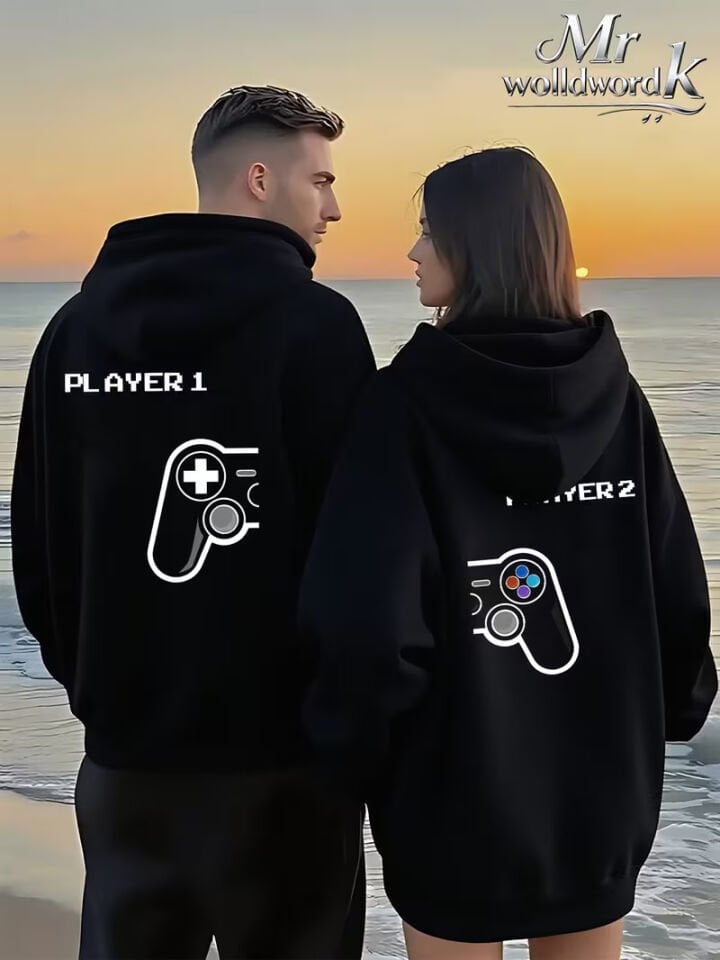 Sevgili Çift Kombin Player 1 Player 2 Baskılı Kapüşonlu Sweatshirt 2’li Set | Unisex Oversize Hoodie