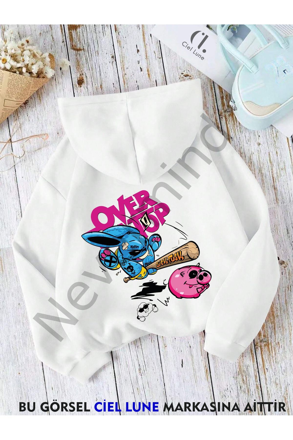 Over Up Printed Oversize Printed Hooded Sweatshirt 3 Yarn