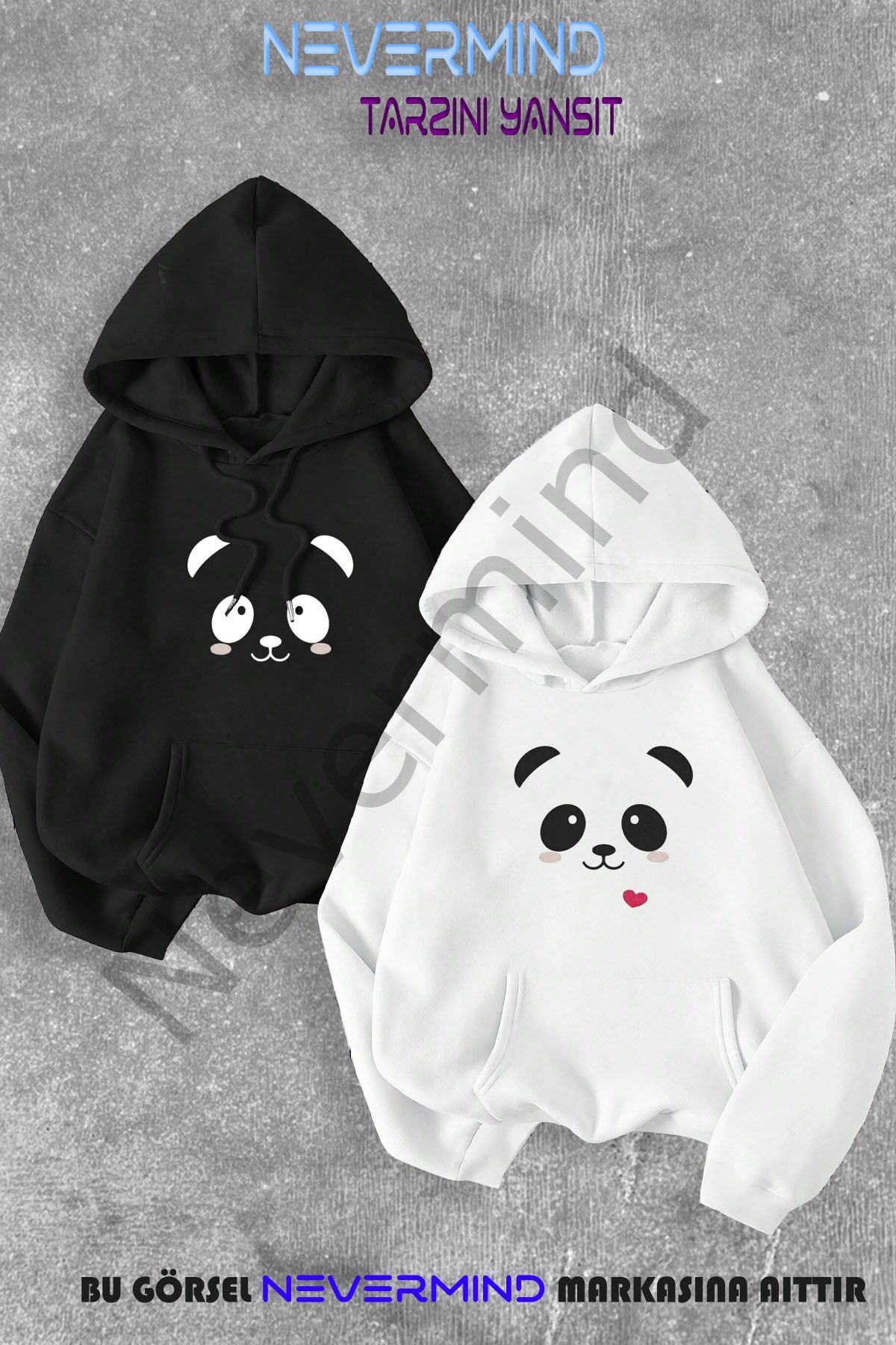 Sevgili Çift Kombini Panda Baskılı Kapüşonlu Sweatshirt 2li Set Takım